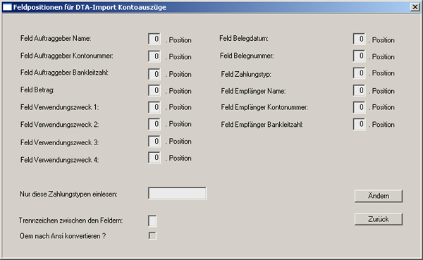 Maske DTA - Import Parameter