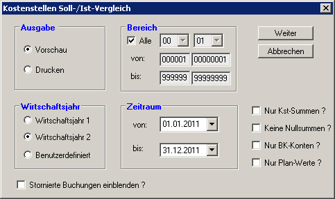 Maske Kostenstellen Soll-Ist