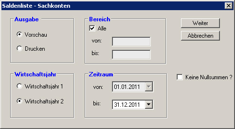 Maske Saldenliste Sachkonten